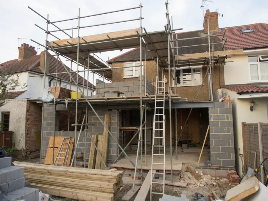 Rear extension with scaffolding and blockwork