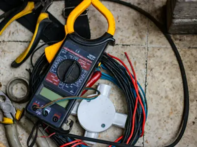 Test meter and tools laid out for an inspection